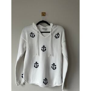 Rachel Zoe Nautical Anchor Knit Hoodie Coastal  Beachy Summer Layering Sweater S